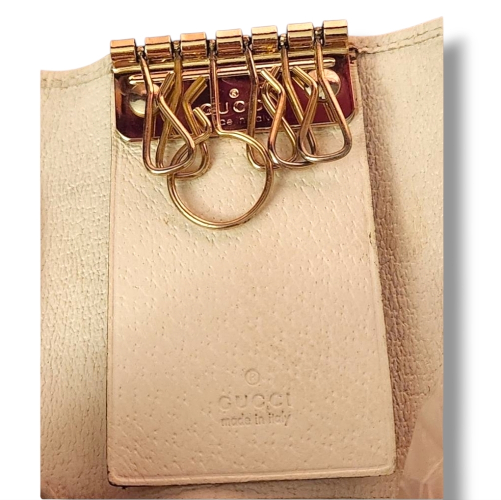 Gucci Signature GG Monogram Sherry Line Cream Red Pink Webbing 6 Key Card Holder - Picture 9 of 14